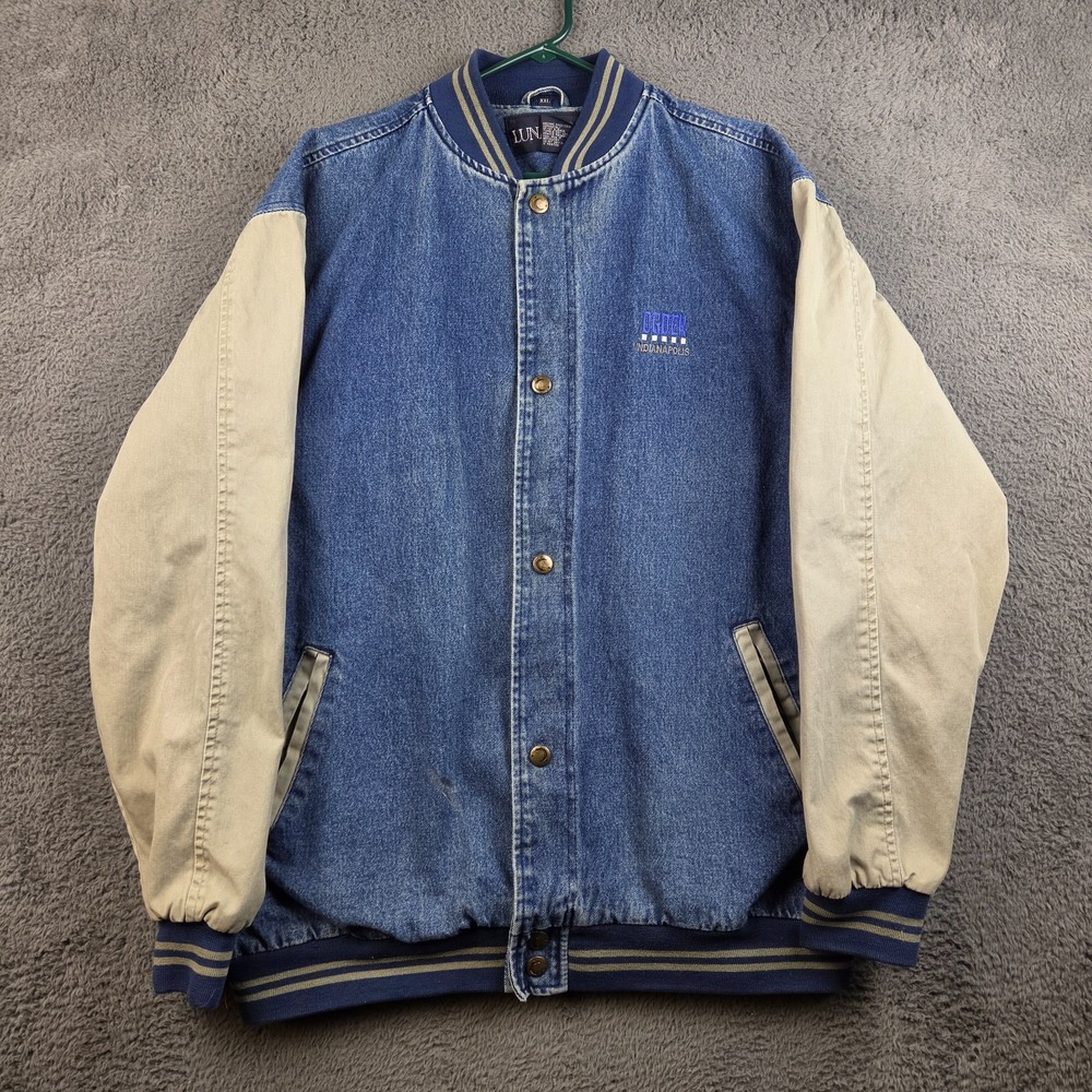 Vintage Varsity Jacket Men's XXL Denim Blue Beige Luna Pier Ogden Indianapolis